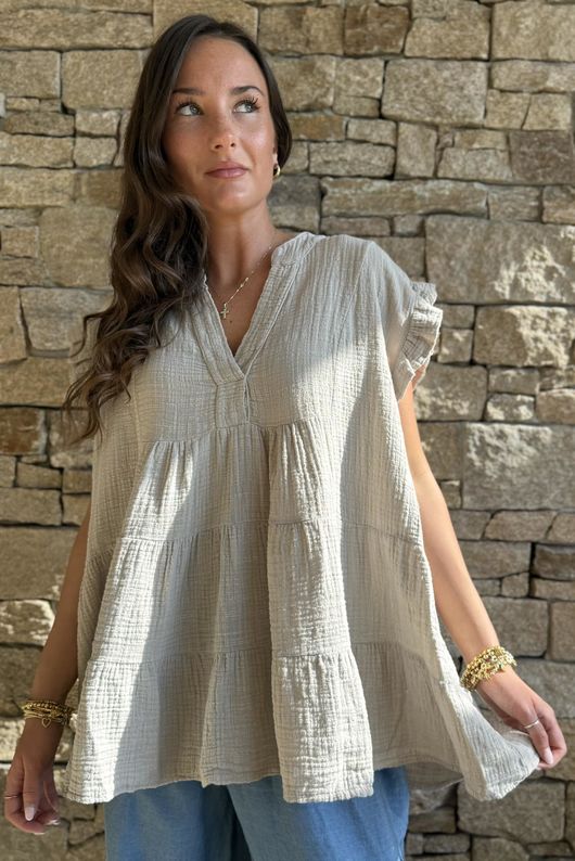 Tasha Cushion Cotton Cap Sleeve Tier Top Stone